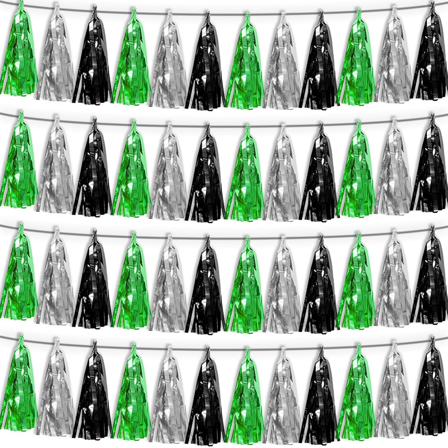 4P Black Silver Green Tassel Banner Garland Metallic Foil Fringe Banner Tinsel Tassels Streamer Banner Backdrop for Parade Floats, Graduation Decorations, Halloween, Christmas Decorations