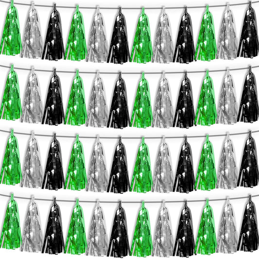 4P Black Silver Green Tassel Banner Garland Metallic Foil Fringe Banner Tinsel Tassels Streamer Banner Backdrop for Parade Floats, Graduation Decorations, Halloween, Christmas Decorations