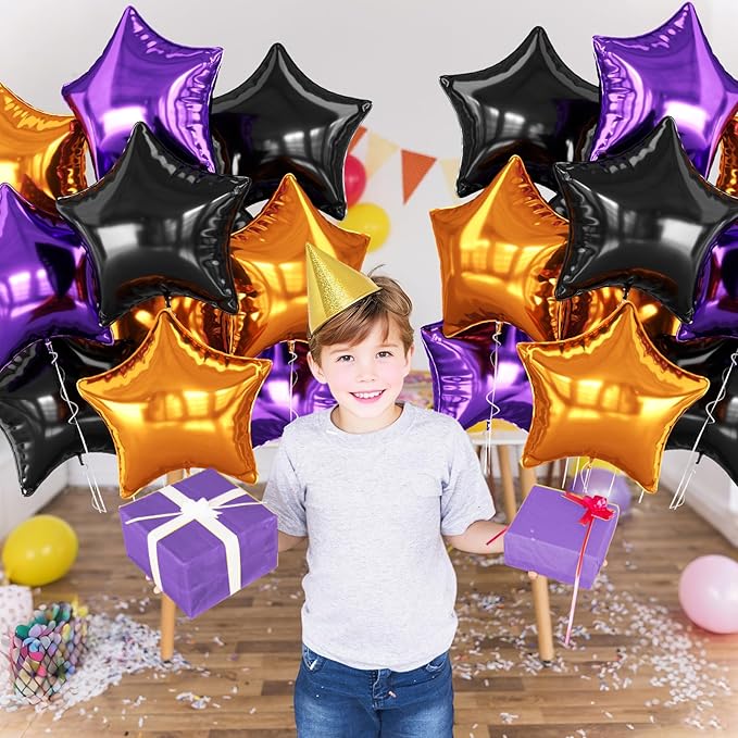 Purple Black Orange Star Foil Balloons, 10PCS Halloween Foil Stars Shape Balloon, 18 Inch Large Metallic Stars Balloons Helium Pentagram Balloon for Birthday, Baby Shower, Halloween Party Decorations