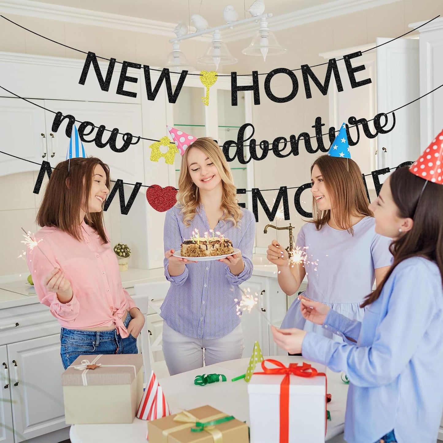 3Pcs New Home New Adventure New Memories Banner, Housewarming Party Decorations House Warming Family Reunion Party Backdrop Sign Black Glitter Supplies