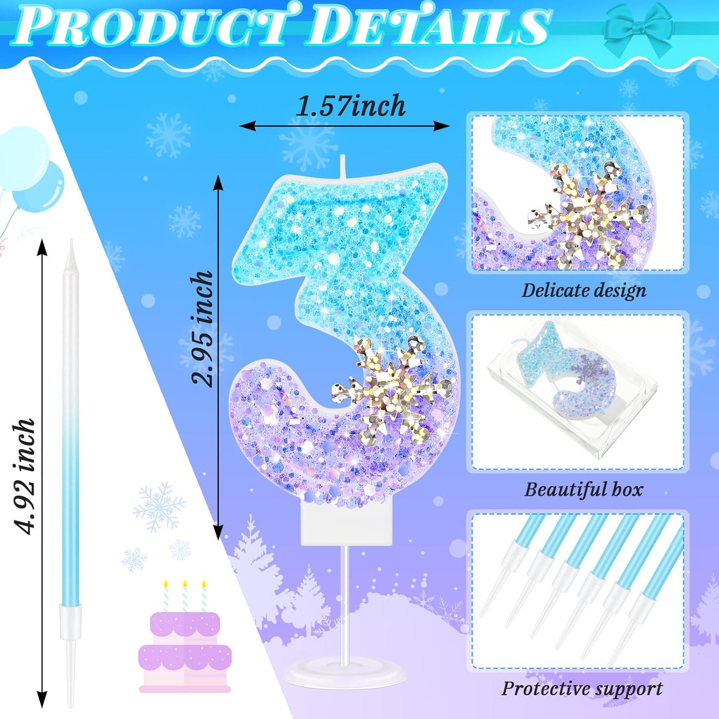 MTLEE Number 3 Birthday Candle Blue Snowflake with 6 Long Thin Cupcake Candles Blue Sparklers Glitter Number Happy Birthday Cake Topper Decorations for Winter Party Supplies