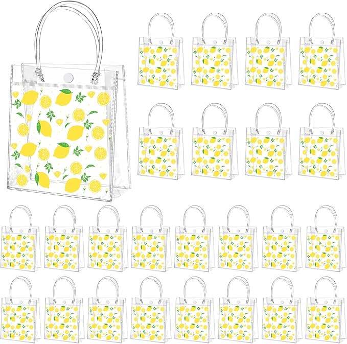Tioncy 24 Pcs Lemon Party Favor Bags PVC Gift Snacks Bags She Found Her Main Squeeze Bridal Shower Party Favors with Handles Clear Lemon Theme Treat Goodies for Wedding Summer Supplies