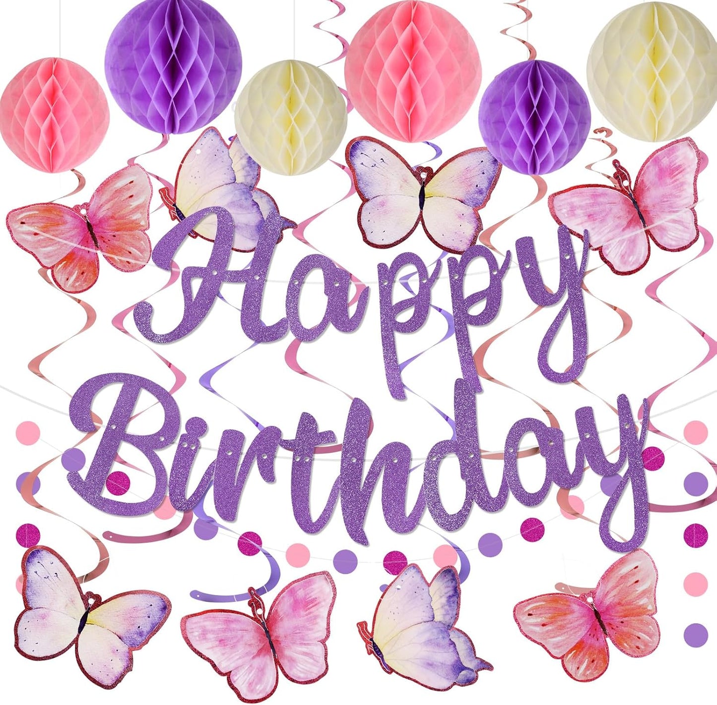 Birthday Decorations, NO DIY, Pre-Strung Happy Birthday Banner with Honeycomb Balls, Hanging Swirls, Circle Dots Garland, Happy Birthday Party Decorations for Women Men Boys Girls (Purple)