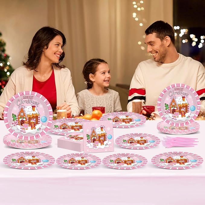 OBUSATT 96Pcs Christmas Gingerbread Paper Plates and Napkin Christmas Party Supplies Pink Gingerbread House Tableware Dinnerware Set for Xmas Winter Holiday Seasonal Table Party Decoration Serve 24