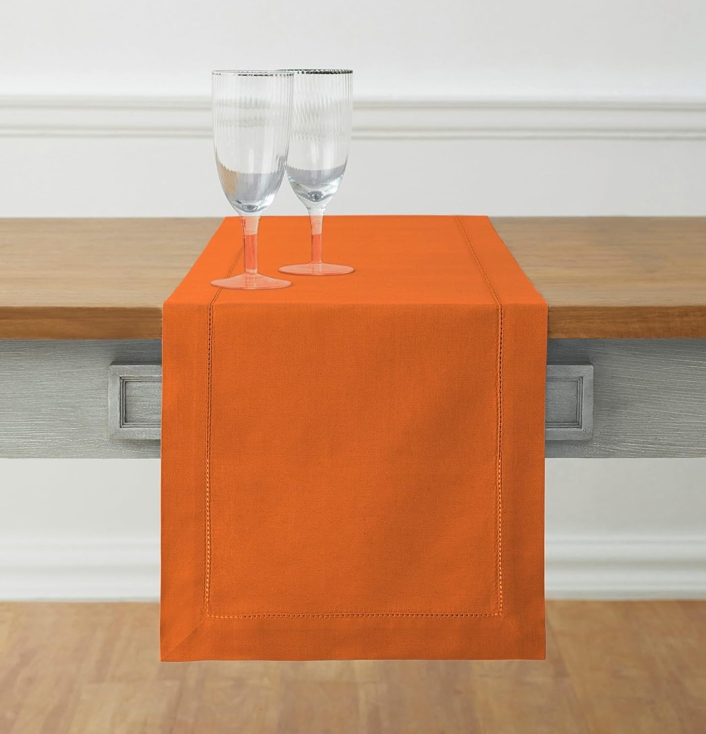 Solino Home Cotton Linen Table Runner 60 Inches - Pumpkin Hemstitch Table Runner 14 x 60 Inch Ideal for Dresser and Coffee Tables - Fall, Autumn, Halloween, Thanksgiving, Holiday