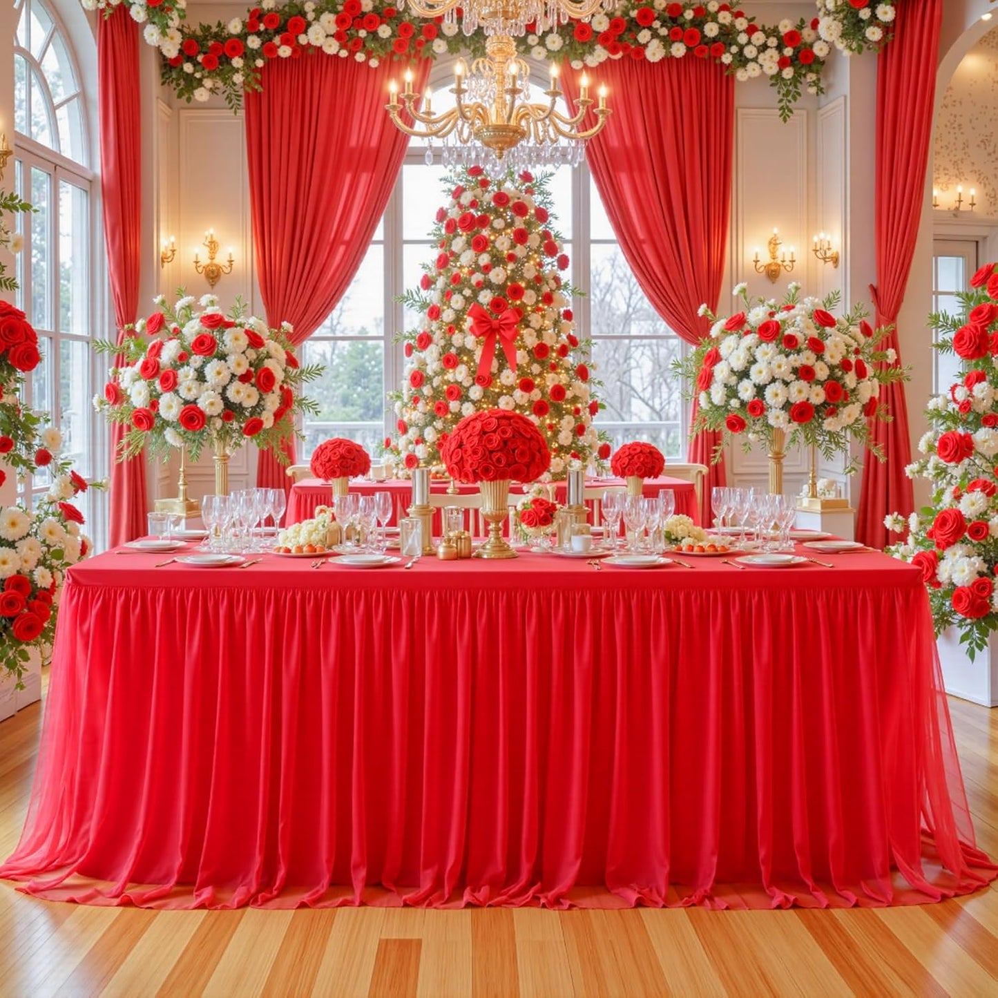 Suppromo 4 Pack 6ft Red Tulle Tablecloths for Rectangle Tables, 6 Foot Red Rectangular Table Cloth Wrinkle Free Tablecover with Tutu Skirt for Baby Shower Wedding Birthday Party Banquet Buffet Cake