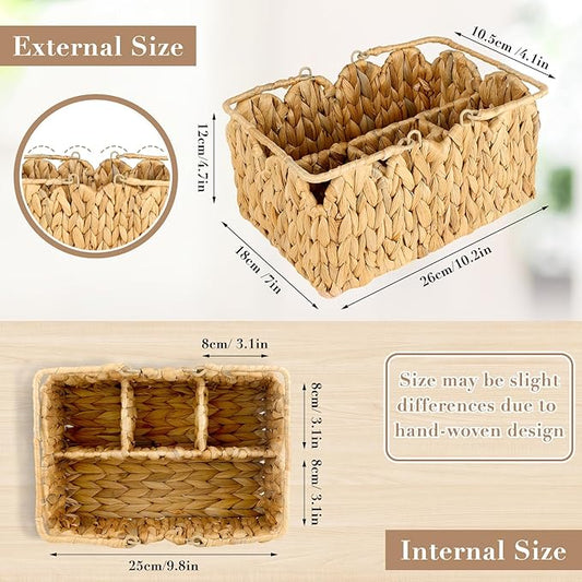 Wicker Utensil Caddy Basket, Utensil Holder for Party Flatware Silverware Holder Hand Woven Divided Cutlery Basket Water Hyacinth Kitchen Organizer Storage with Handle for Countertop