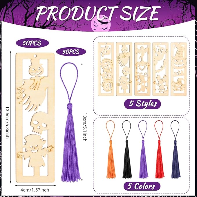 Yexiya 100 Pcs/50 Set Halloween Bookmark, DIY Wooden Bookmarks Bulk for Book Lovers, Halloween Bookmarks Decoration, Ghost Skull Witch Book Markers Art Set for Birthday Holiday Gift Art Project