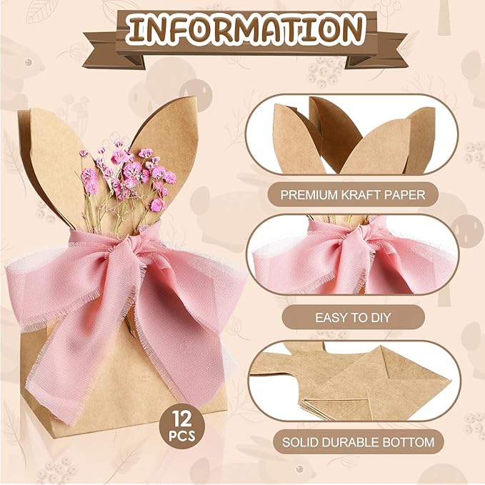 Affrolling 24 Set Boho Bow Easter Bunny Party Favor Bags DIY Bunny Gift Boxes with Neutral Bow Ribbon and Dried Flowers Rustic Paper Rabbit Ears Treat Bags Bulk for Easter Spring (Pink)