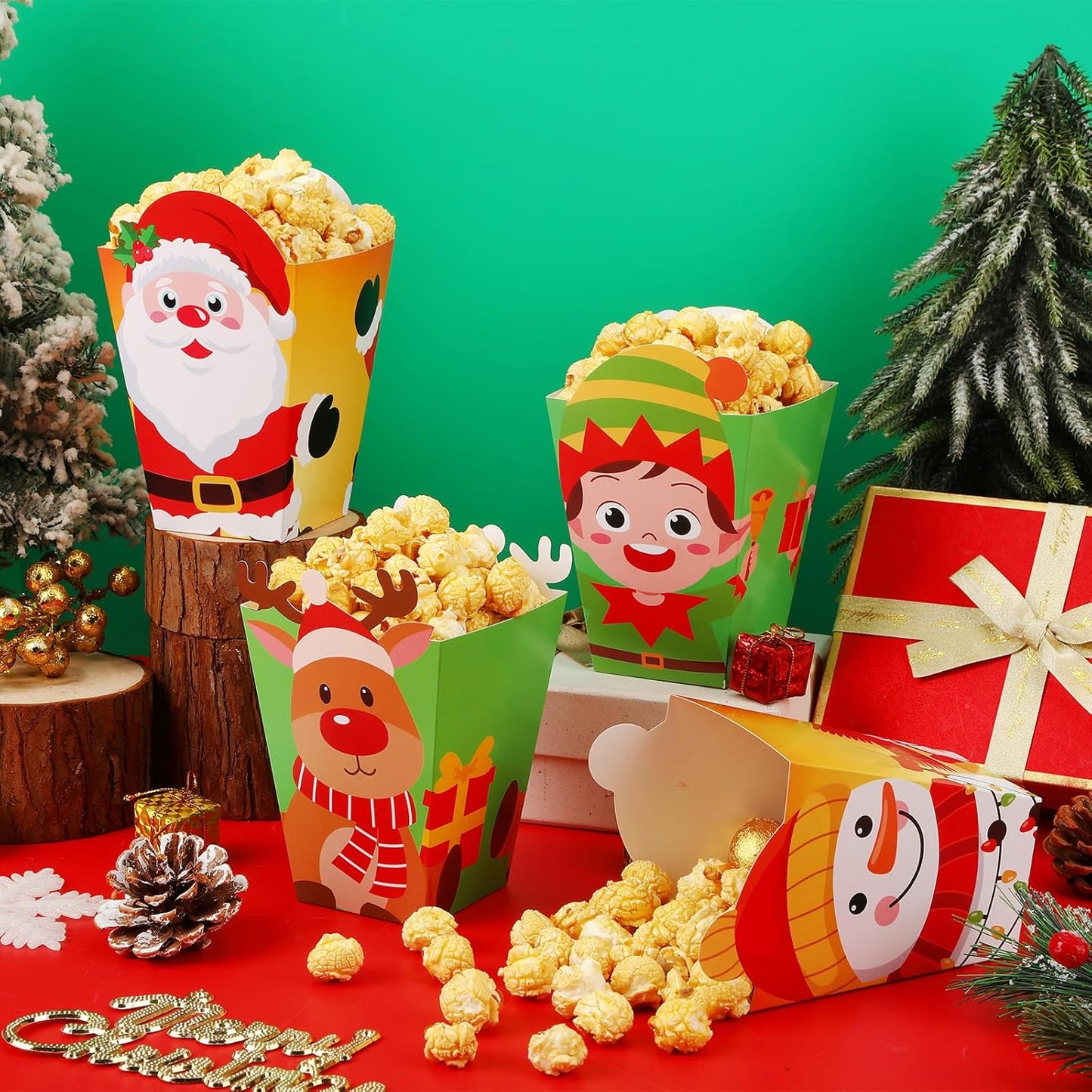 DECYOOL 24 Pcs Christmas Party Favors, Mini Christmas Popcorn Boxes Candy Cookie Treat Boxes for Birthday Party (4 Styles)