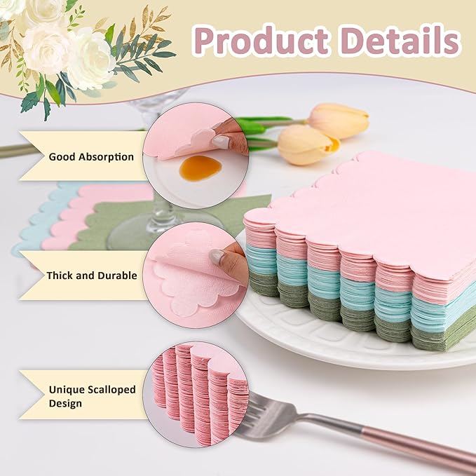 100 Pcs Pink Napkins Scalloped Edged Dessert Cocktail Napkins Folded 5 x 5 Inches Disposable Napkins for Dinner Wedding Birthday Party