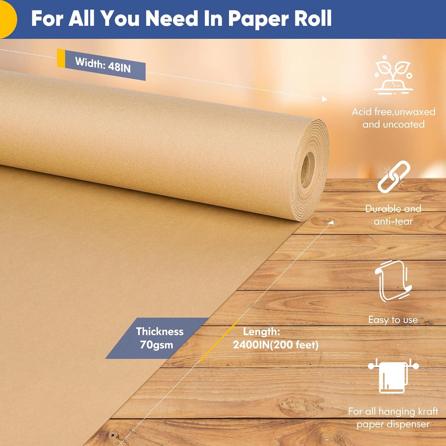 Vanhench 48"x 2400" (200') Brown Jumbo Roll Wrapping Paper, Kraft Craft Paper Roll for Bulletin Board Kids Arts Crafts Packing Shipping Poster Construction, Thanksgiving Christmas Wrapping Paper