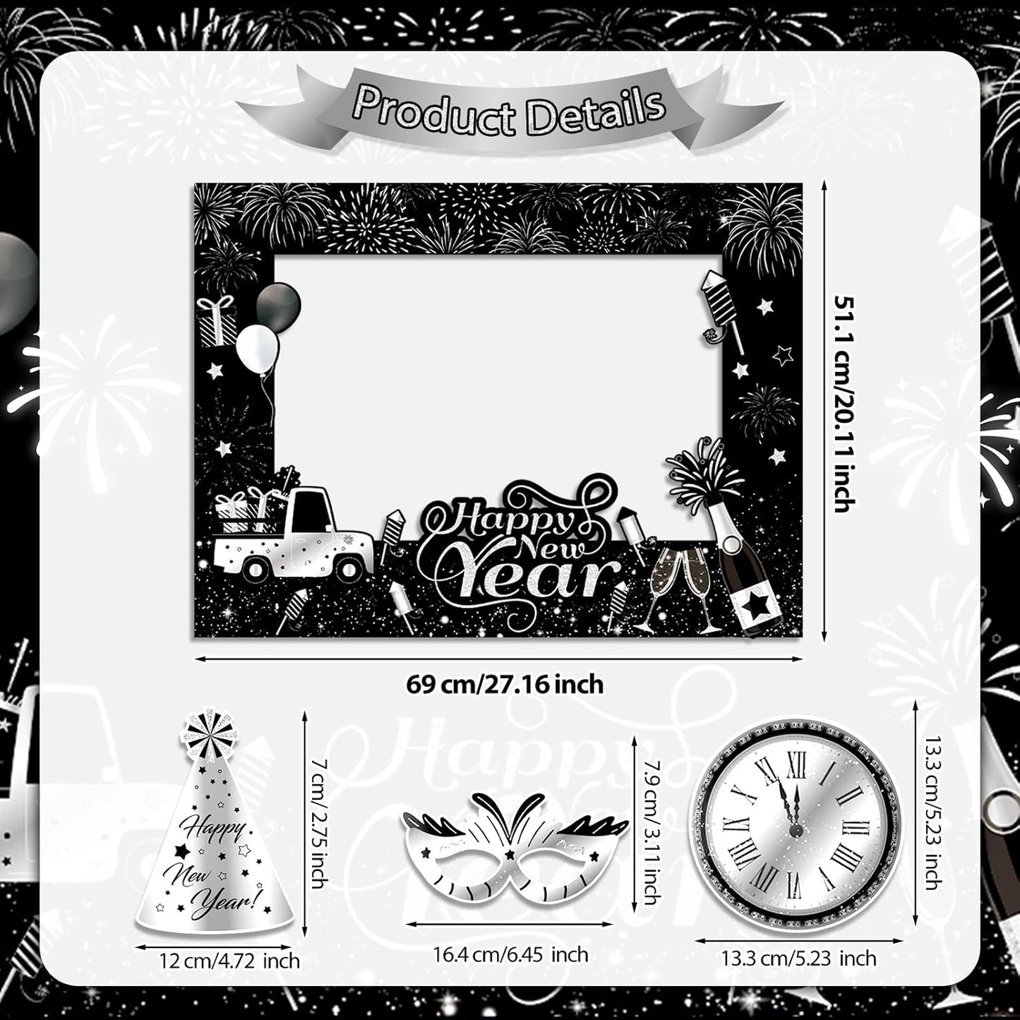 HOWAF 30pcs Happy New Year Photo Booth Props with Photo Frame, 2026 Black Silver New Year Decoration Photo Props,New Years Props for NYE Party, 2026 NYE Cheers to The New Year Selfie Props