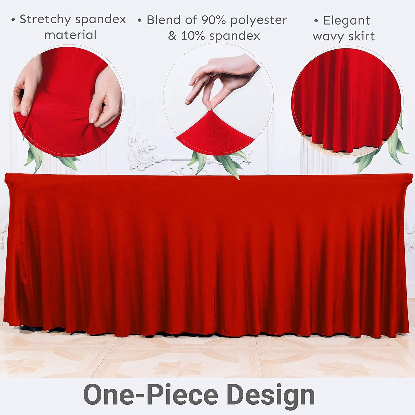 Table Skirt for Rectangular Tables 6ft - Spandex TableCovers for Standard 6 Foot Table - One Piece Fitted Elastic Tablecloth - Wrinkle Resistant Ruffles Design for Weddings, Party, Events (Red)