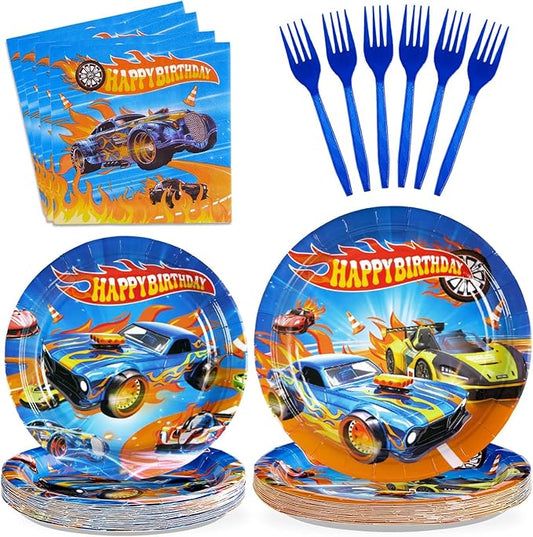 Grencian 96Pcs Racing Car Birthday Decorations for Boys Hot Car Party Plates and Napkins Tableware Sets Hot Cars Birthday Decorations for Kids Race Sports Game Themed Party Favors Supplies Serves 24