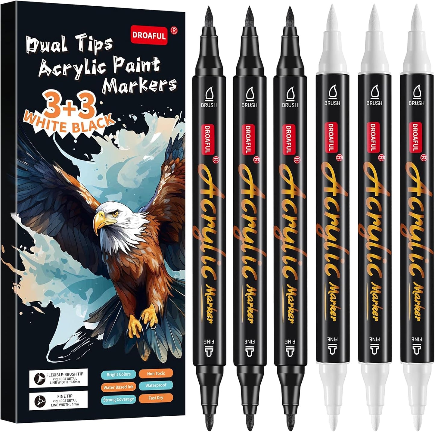 White Black Acrylic Paint Pens Markers, 6 Pc Dual Tips Waterproof Paint Markers For Rock Painting, Fabric, Metal, Glass, Wood, Canvas, Ceramic, Pumpkins, Eggs, Plastic, Non-Toxic & Odor