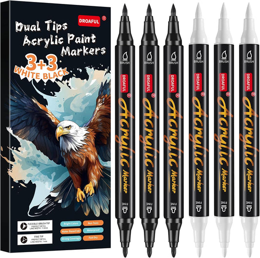 White Black Acrylic Paint Pens Markers, 6 Pc Dual Tips Waterproof Paint Markers For Rock Painting, Fabric, Metal, Glass, Wood, Canvas, Ceramic, Pumpkins, Eggs, Plastic, Non-Toxic & Odor