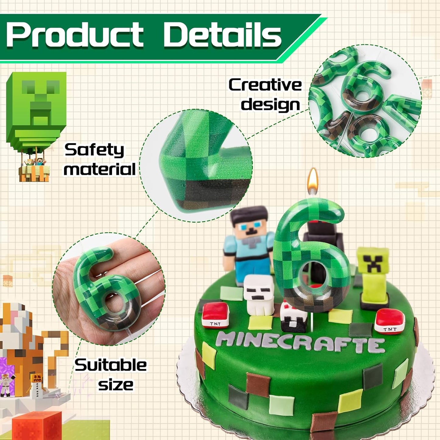 TNT Themed Birthday Cake Candle Number 6 Dynamite Themed Green Candle Birthday Party Decoration Cake Topper for Pixel Theme Birthday Party Anniversary Party Dynamite Party Video Game Party (Number 6)