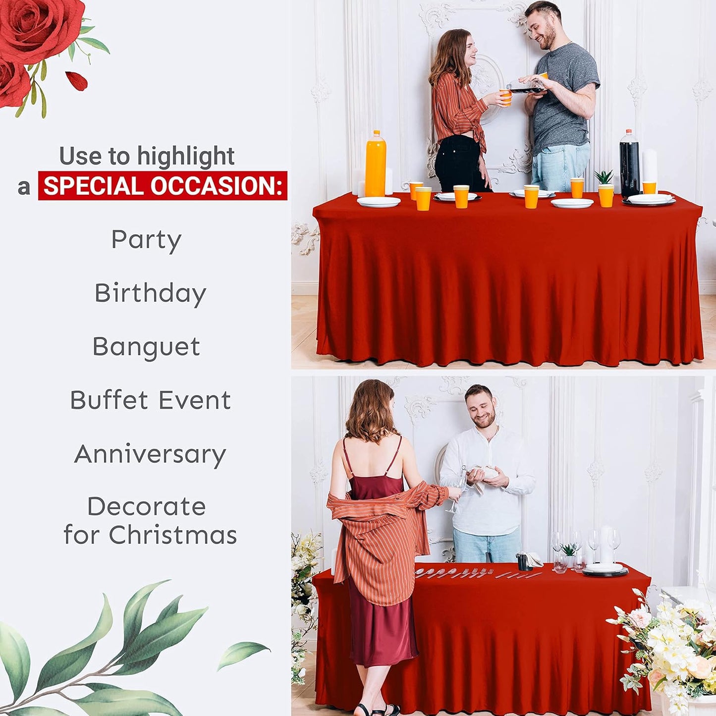 Table Skirt for Rectangular Tables 6ft - Spandex TableCovers for Standard 6 Foot Table - One Piece Fitted Elastic Tablecloth - Wrinkle Resistant Ruffles Design for Weddings, Party, Events (Red)