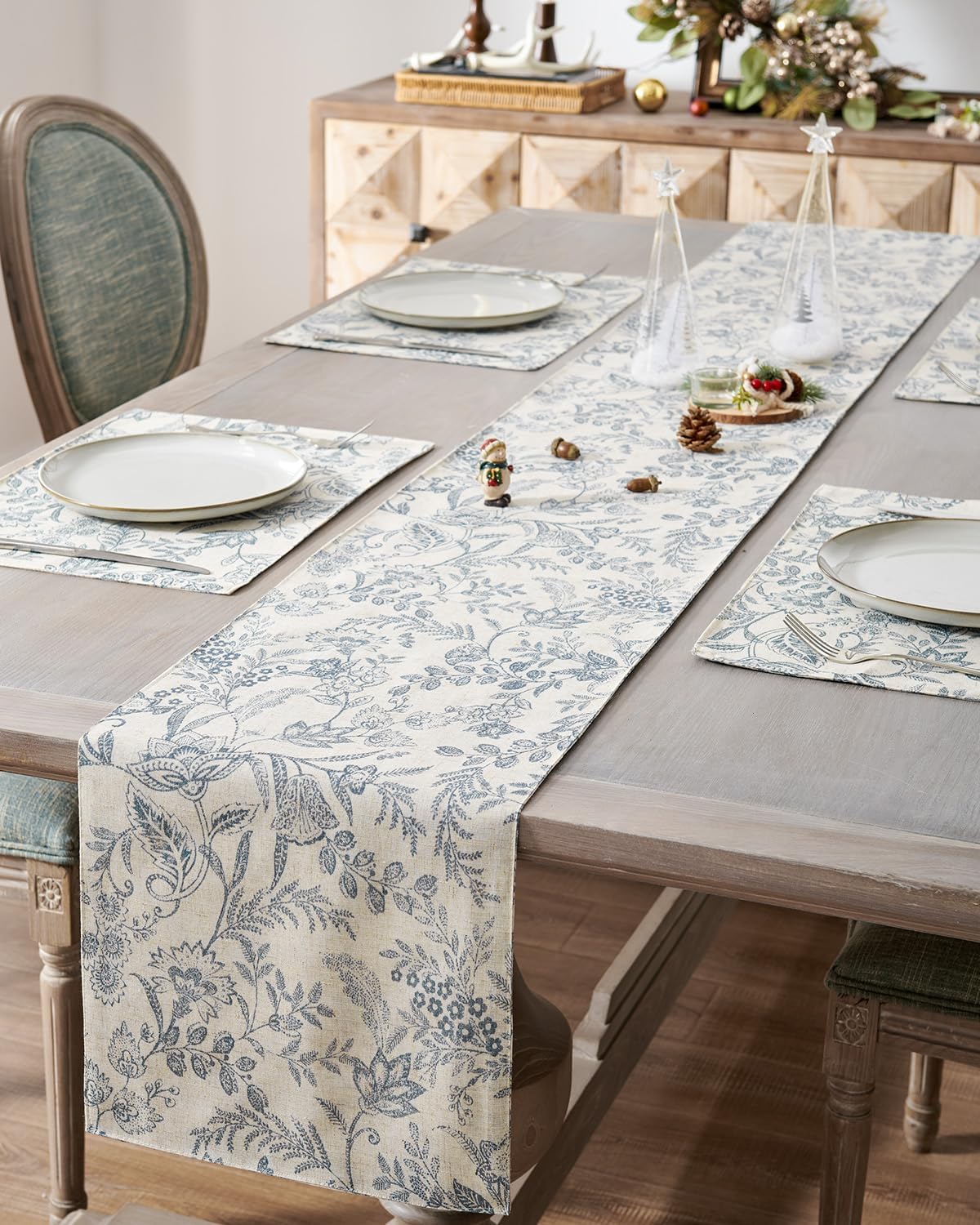 jinchan Spring Table Runner Linen Farmhouse Table Cloth Blue Floral Decorative 72 Inch Botanic Printed Burlap Handcrafted Flax Coffee Table Decor 1 Panel Blue on Beige