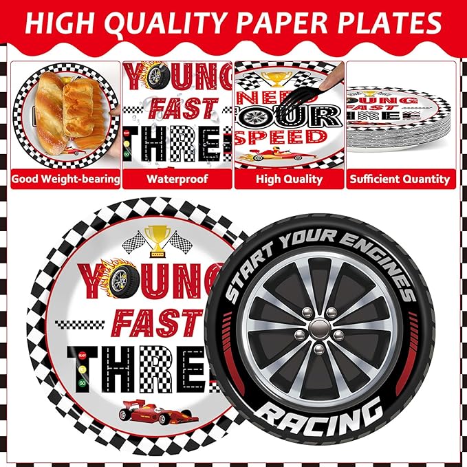 96PCS Race Car Themed 3rd Party Paper Plates and Napkins and Forks Set Young Fast Three Party Tableware Racing Checkered Flag Disposable Dinnerware for Kids Birthday Gatherings Decorations