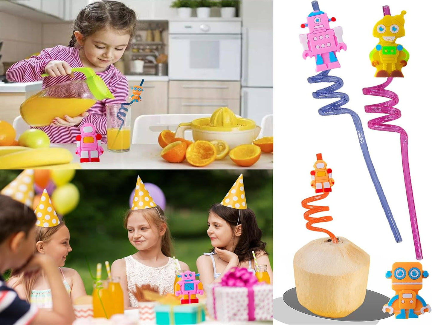 24 Packs Robot Bulk Reusable Plastic Straws Birthday Party Favors, Theme Curly Drinking Straws Party Supplies