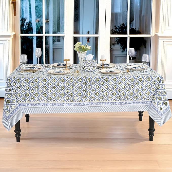 Ridhi Light Steel Blue Hand Block Print Cotton Rectangle Tablecloth 90 x 60 inch-Reusable Table Cover Decorative Everyday Use for Dining Room, Farmhouse, Thanksgiving, Christmas Wedding, Fall