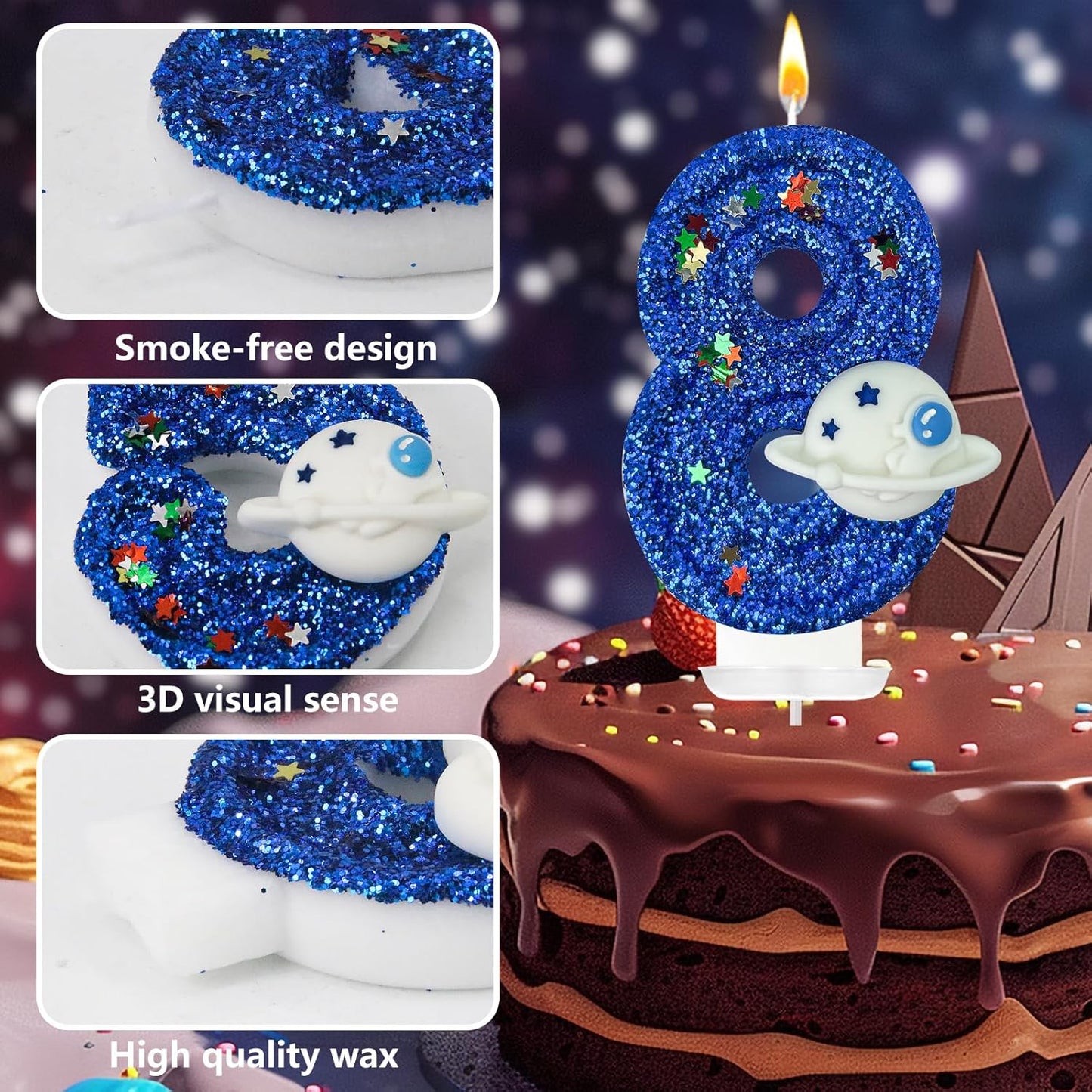 HXOUSE Spaceship Number 8 Birthday Candles - Outer Space Universe Birthday Candles for Cake, 8 Candle Topper for Anniversary Celebrations, Astronaut Rocket Party Decorations for Boys