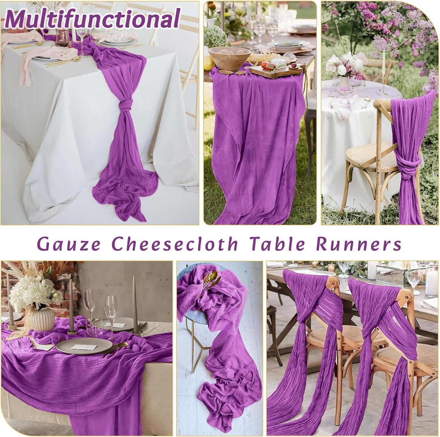 4Pack Purple Table Runner 10FT Cheesecloth Table Runner 35x120Inch Long Boho Cheese Cloth Table Runners Rustic Gauze Table Runners for Party Wedding Bridal Shower Baby Shower Decorations