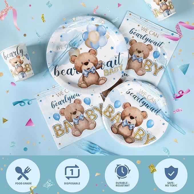 350pcs Bear Baby Shower Decorations for 50 Guests Party Supplies for Boy Include Paper Plate, Napkin, Cup and Disposable Plastic Tableware