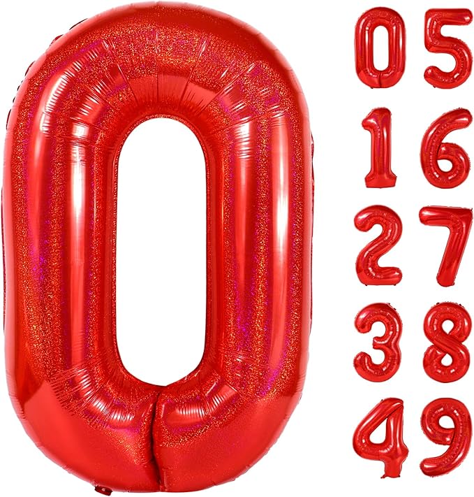 Laser Red Number Balloon 40 Inch, 0 Number Balloons, 10 20 30 40 50 Numbers Balloon Birthday Decorations, Party Supplies for Women
