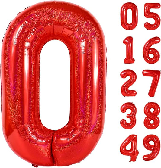 Laser Red Number Balloon 40 Inch, 0 Number Balloons, 10 20 30 40 50 Numbers Balloon Birthday Decorations, Party Supplies for Women