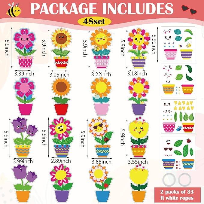 Frienda 48 Set Spring Flower Craft Kit for Kids Make Your Own Flowers Pot Craft DIY Floral Paper Flowers Hanging Ornament Decorations for Mother's Day Spring Gifts Classroom Birthday Party Favors