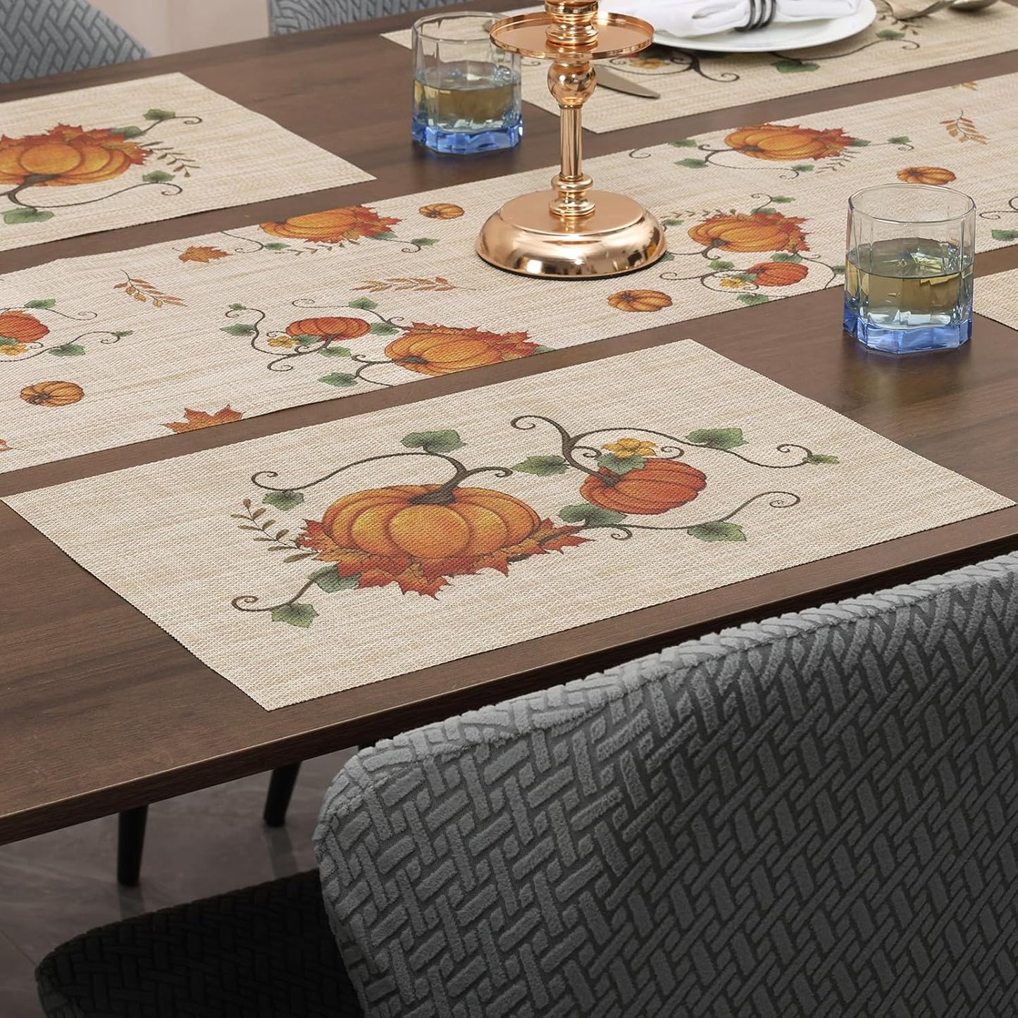 Thanksgiving Placemats Set of 6 Fall Table Mats Pumpkin Maple Leaves Table Mats Washable Non-Slip Heatproof Woven Placemats for Dining Table (17.7" X 11.8")
