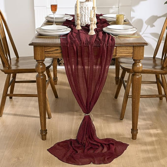 Artoid Mode Boho Cheesecloth Gauze Burgundy Wedding Table Runner, 120 Inch Seasonal Fabric Kitchen Dining Holiday Table Decor for Home Party Indoor