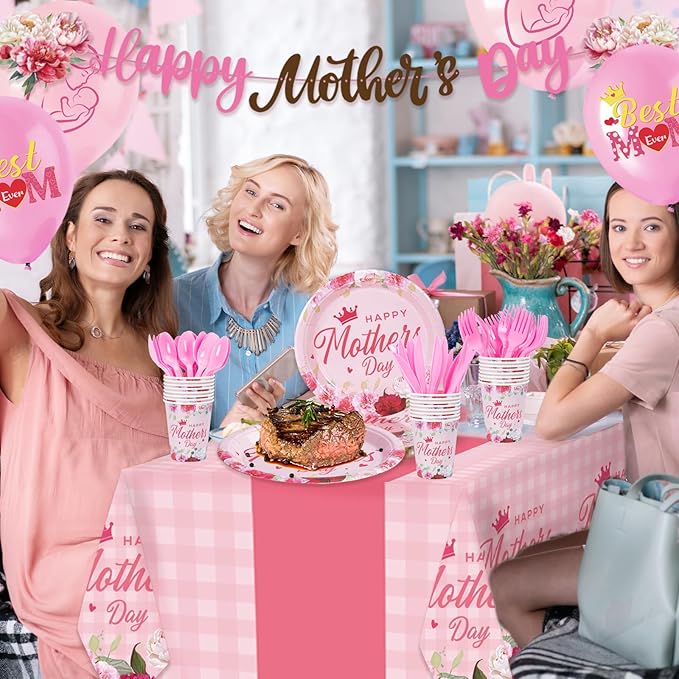 191Pcs Mother's Day Party Decorations Happy Mothers Day Party Supplies Tableware Set Include Paper Plates Napkins Cup Tablecloth Banner Best Mom Balloons Dinnerware for Mother’s Day Serves 24 Guests