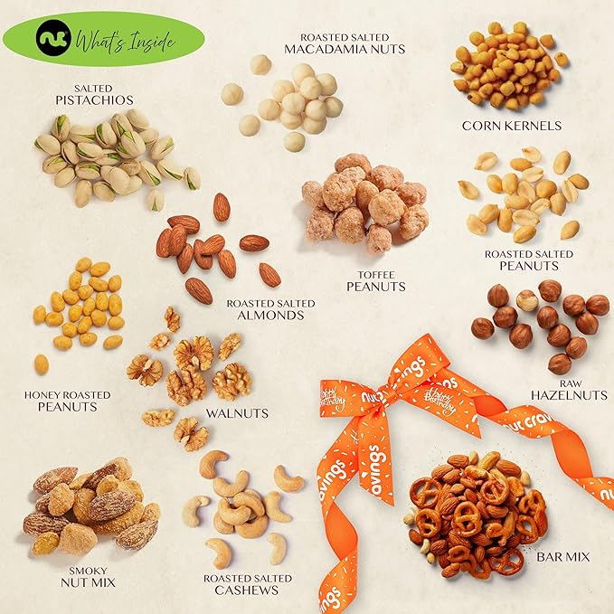NUT CRAVINGS Gourmet Collection - Happy Birthday Treats, Nuts Gift Basket with Bday Ribbon in Reusable Wooden Tray (12 Assortments) Food Arrangement, Healthy Snack Care Package, Food Assortments