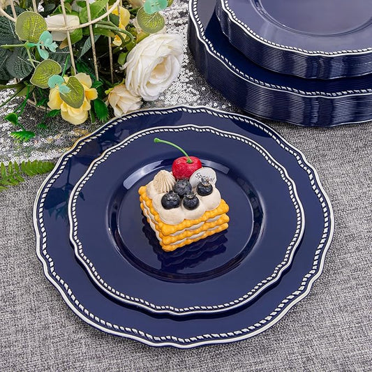 Hioasis 60pcs Blue Plastic Plates - Blue and Silver Disposable Dinnerware with Gold Rim, Heavy-duty, 7.5 inch, Dessert Plates for Party & Christmas