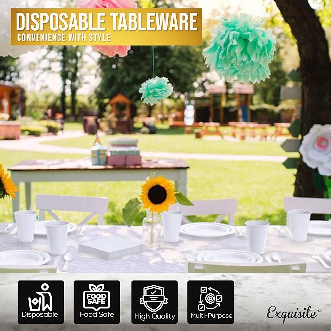 Party Solids 350 Pieces White Plastic Plates For Party, White Disposable Plates Set, 50 Of Each 9" Dinner Plate Set, 7" Dessert Plate, Cups, Napkins & Cutlery Plastic Dinnerware