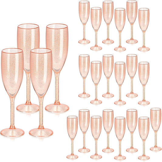 XUWAIDSGN 24 Pcs Champagne Flutes Plastic Wine Glasses Bulk Vintage Champagne Flutes Mimosa Bar Glasses Stemmed Drinking Cups 5.4OZ for Christmas Birthday Wedding Bride (24, Rose gold glitter)