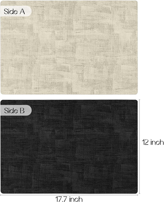 Romanstile Reversible Vinyl Placemats Set of 4, Faux Leather 100% Waterproof Oil-Proof Wipeable Place Mats, Heat Resistant Dual Sided Table Mats for Kitchen/Dining/Party (Black Beige, 12 x 17 Inch)