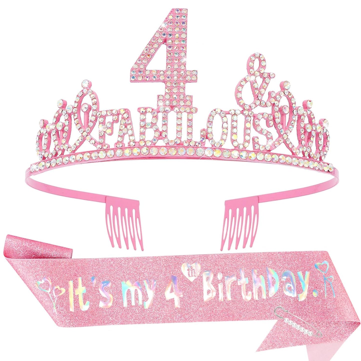 4th Birthday Decorations for Girls Set - Happy 4th Birthday Princess Crown and Glitter Sash, 4 Year Old Girl Tiara Party Decorations Supplies Outfit Accessory Gifts
