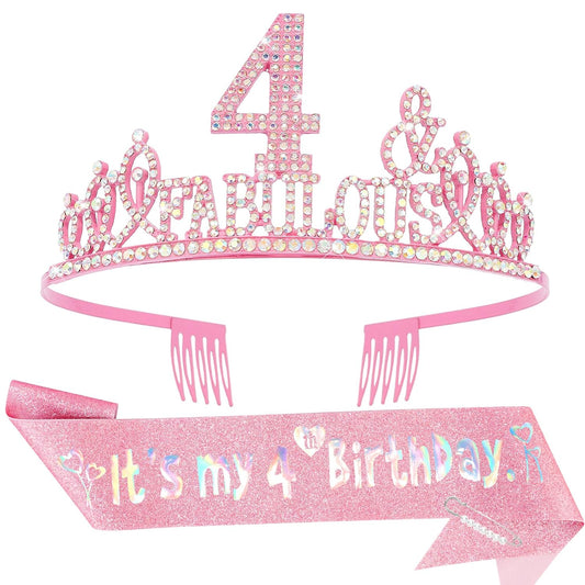 4th Birthday Decorations for Girls Set - Happy 4th Birthday Princess Crown and Glitter Sash, 4 Year Old Girl Tiara Party Decorations Supplies Outfit Accessory Gifts