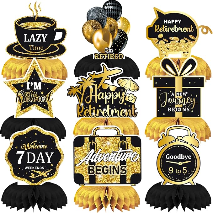 Retirement Party Table Decorations – 9PCS Black and Gold Retirement Centerpieces for Table, Happy Retirement Party Decorations for Office, Men and Women Farewell Decor