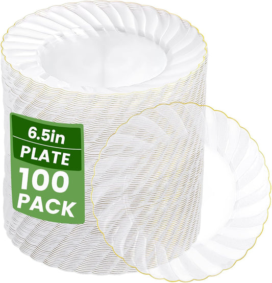 YOUBET 100 Pack Clear Gold Plastic Plates - 6.5 Inch Clear Disposable Plates with Gold Rim - High End Elegant Vintage Dessert Salad Plate for Birthday Parties & Wedding & Thanksgiving