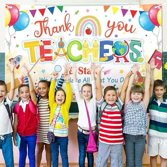 Happy Teacher Day Banner Teacher Appreciation Week Decorations Flag Outdoor 71x44 Inch School Classroom Backdrop,Thank You Teacher Gifts for Indoor Home Party Supplies,Yard Sign Photography Background