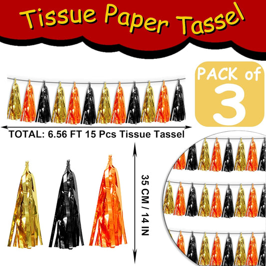 3P Orange Gold Black Metallic Fringe Tassel Banner Garland Foil Tinsel Streamer Wall Hanging Curtain Backdrop Banner for Parade Floats, Graduation Decorations, Halloween, Christmas Decorations
