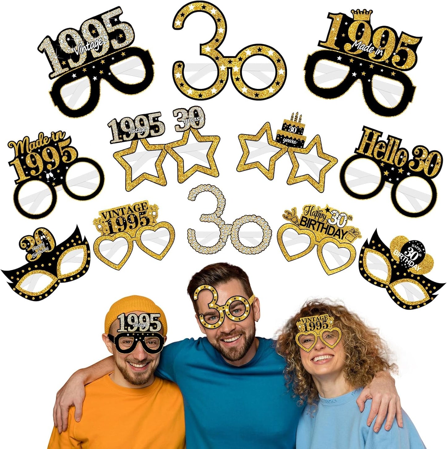 24Pcs 1995 30th Birthday Paper Glasses Decorations for Men Women - Black Gold Happy 30th Birthday Paper Eyeglasses Photo Props, Vintage 1995 Thirty Years Old Birthday Party Supplies