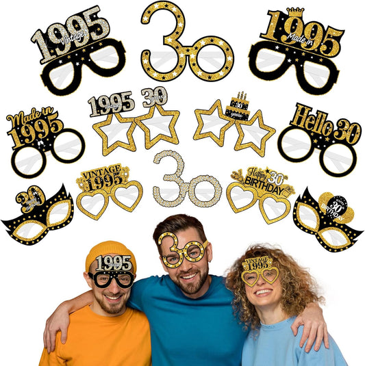 24Pcs 1995 30th Birthday Paper Glasses Decorations for Men Women - Black Gold Happy 30th Birthday Paper Eyeglasses Photo Props, Vintage 1995 Thirty Years Old Birthday Party Supplies