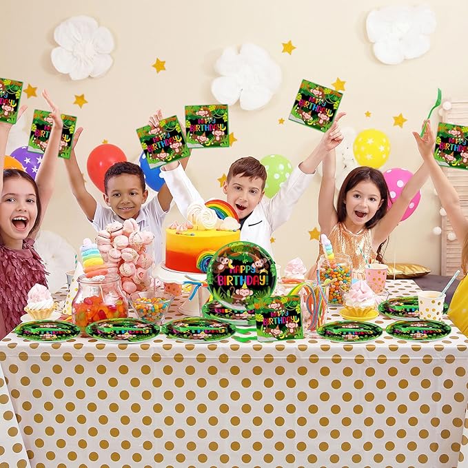 96 Pcs Monkey Birthday Party Supplies Jungle Monkey Birthday Paper Plates Napkins Jungle Animal Party Decorations Wild Animal Disposable Dinnerware Favor for Kids Baby Show Tableware Serves 24